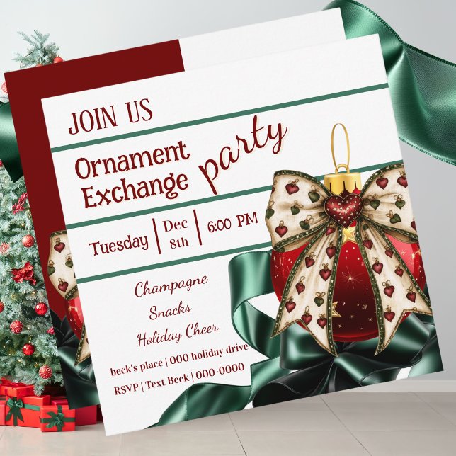 Convite para troca de férias de Natal (Cute Christmas Oranment Exchange party invitation with coquette bow and ribbon)