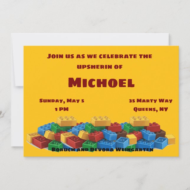 Convite para upsherin de Lego (Frente)
