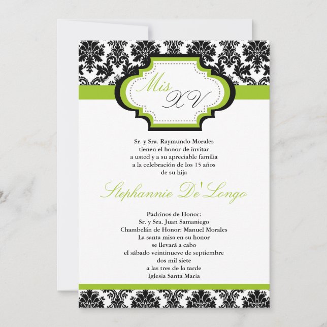 Convite para Verde limão 5 x 7 Damask Quinceanera (Frente)