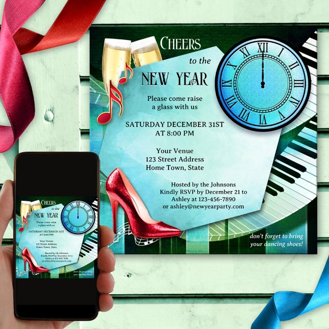 Convite para Véspera de ano novo de dança de champ (New Year's Eve dance party invitation featuring a colorful design with a clock, champagne and music)