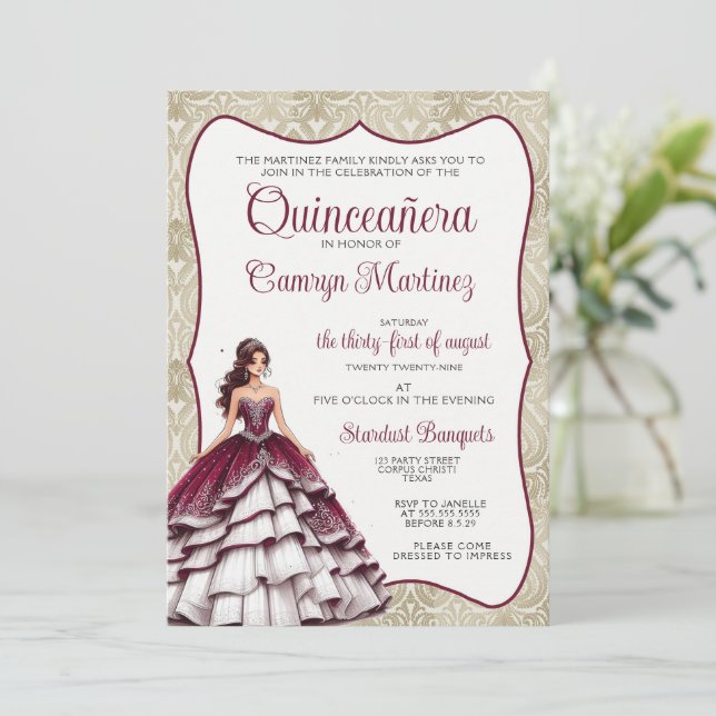Convite para vestir de Quinceañera Burgundy (Em pé/Frente)