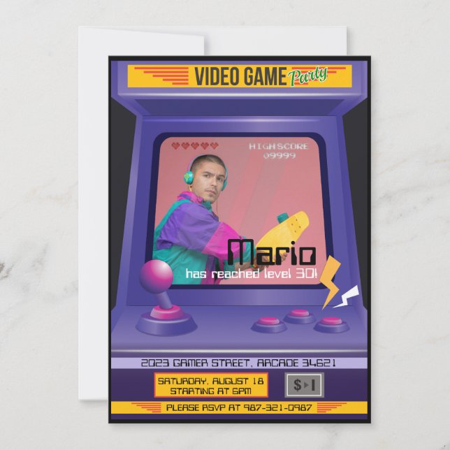 Convite para Videogame de Arcade da Escola Antiga (Frente)