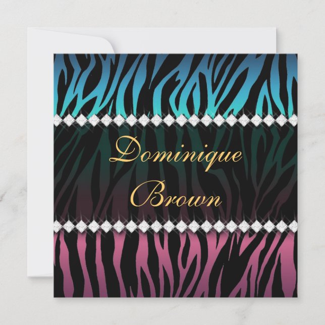 Convite para Zebra Elegante, Rosa e Azul (Frente)
