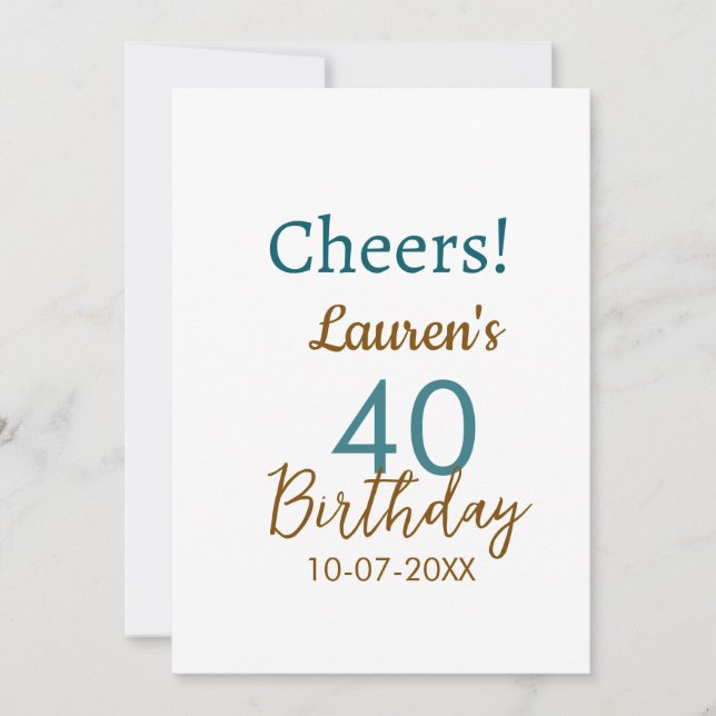 Convite Parabéns 40º aniversário nome data marrom turquesa (Frente)