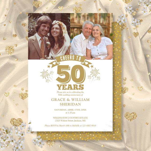 Convite Parabéns ao 50º Aniversário de Casamento 2 Fotos (Cheers To 50th Wedding Anniversary 2 Photo Invitation)