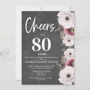 Convite Parabéns ao 80º Aniversário em Quadro Negro Floral
