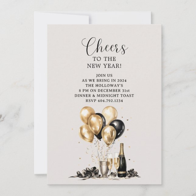 Convite Parabéns ao Ano Novo Festa Preto e Dourado (Frente)