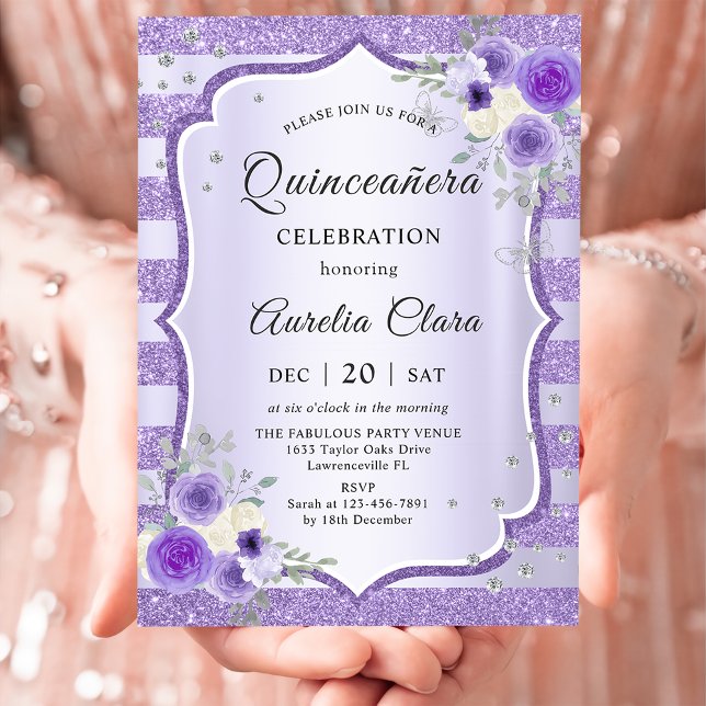 Convite Parabéns de Quinceanera Floral Purple (Criador carregado)