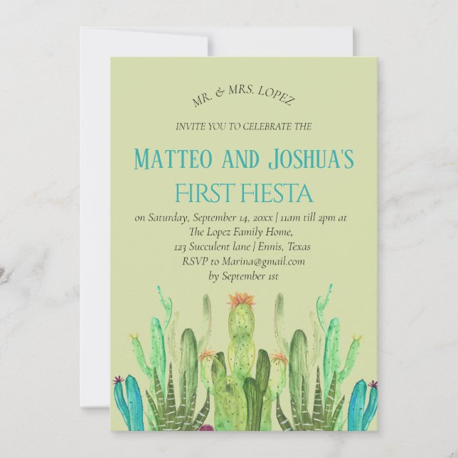Convite Parabéns do Moderno Cactus First Fiesta (Frente)