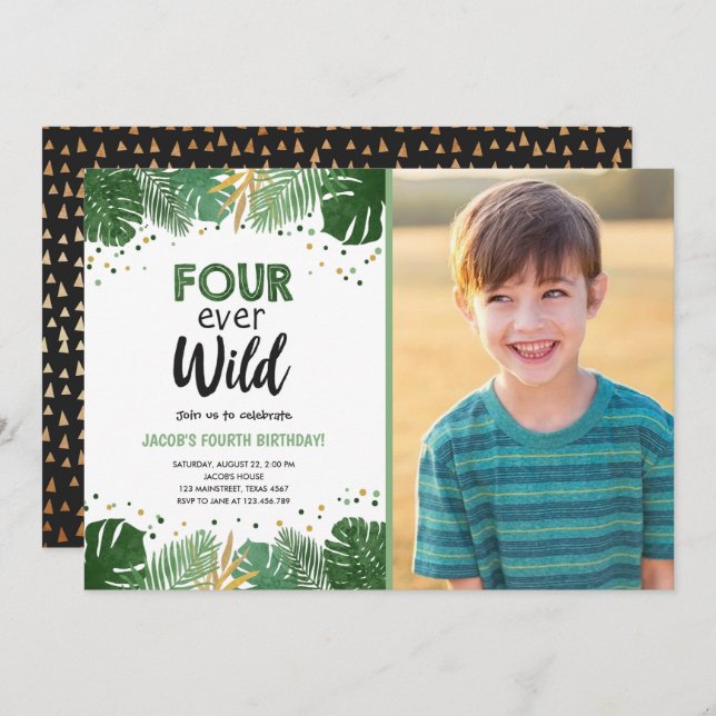 Convite Parabéns Dourado do Safari Tropical de Quatro Anos (Frente/Verso)