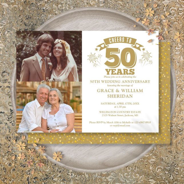 Convite Parabéns pelo 50º Aniversário de Casamento 2 Fotos (Cheers To 50th Wedding Anniversary 2 Photo Invitation)