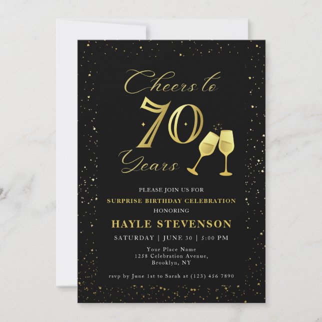 Convite Parabéns pelo 70º Aniversário em Confetes de Ouro  (Frente)