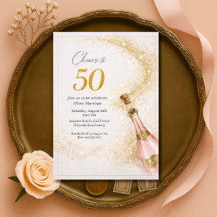 Convite Parabéns pelos 50 Anos Champanhe Rosa Dourada