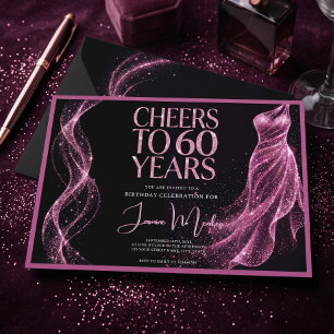 Convite Parabéns pelos 60 Anos Rosa Preto Elegante Anivers