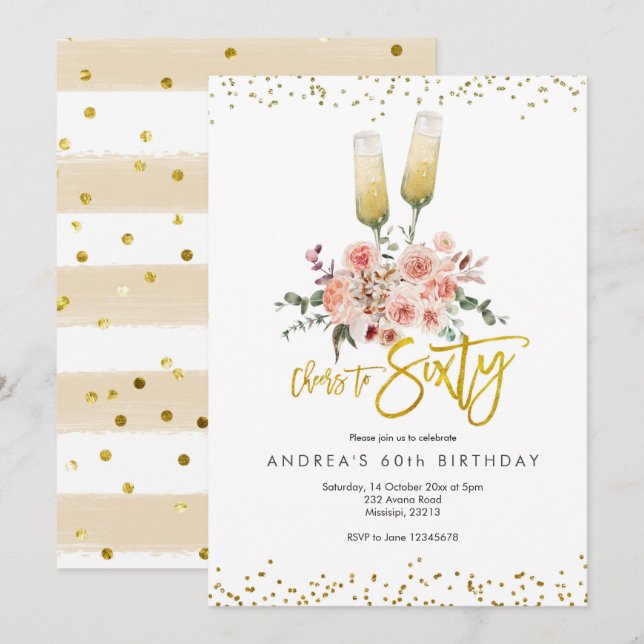 Convite Parabéns pelos Sessenta Moderno Dourado (Frente/Verso)