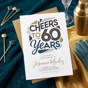 Convite Parabéns por 60 anos Retro Dourado Azul Aniversári