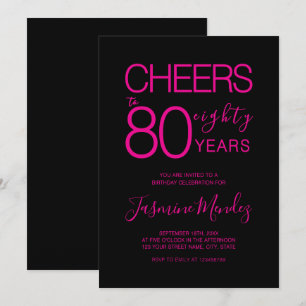 Convite Parabéns por 80 anos Elegante Preto Rosa Aniversár