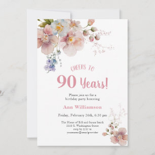 Convite Parabéns por 90 Anos Pink Floral Aniversário