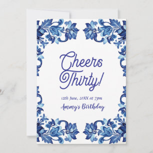Convite Parabéns trinta aniversário azul real floral borda