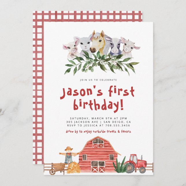 Convite Parada de Aniversário de Animais da Fazenda de Bar (Frente/Verso)