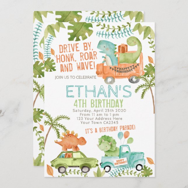 Convite Parada de Aniversário do Dinossaur (Frente/Verso)