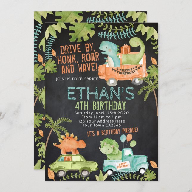 Convite Parada de Aniversário do Dinossauro (Frente/Verso)