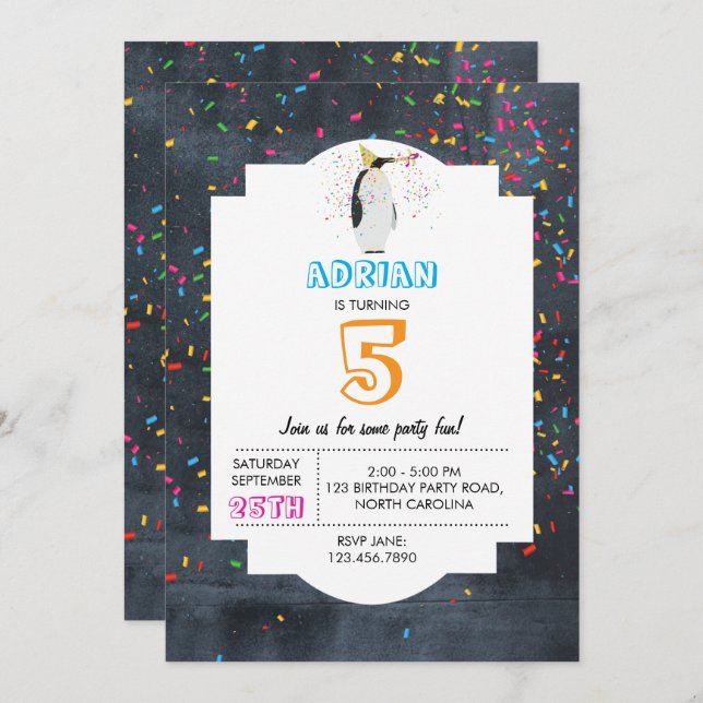 Convite Parada de pinguins - Parceira de animais - Anivers (Frente/Verso)