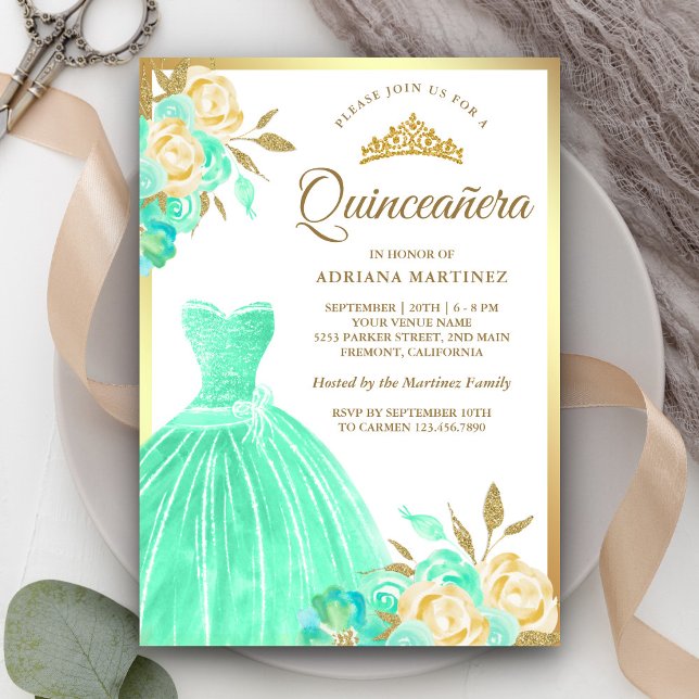 Convite Parada Gown Mint Green Floral Dourada Quinceanera (Criador carregado)
