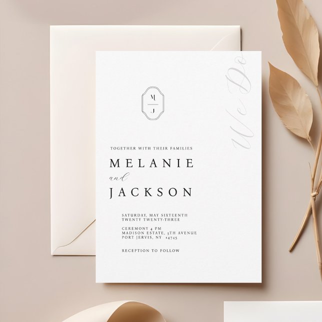 Convite Parada Mínima de Monograma Personalizado Preto e B (Minimal Black & White Personalized Monogram Crest Invitation)