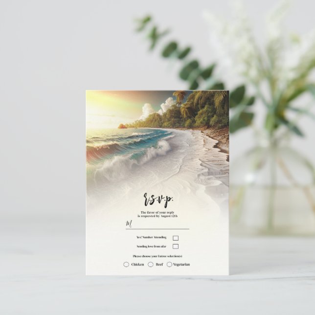 Convite Paradise Beach Sunset Rustic Coastal Wedal RSVP (Em pé/Frente)