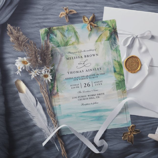Convite Paradise Palms Tropical Beach QR Code Wedding (Criador carregado)