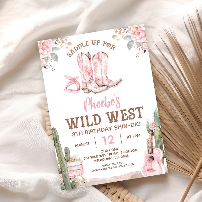 Convite Paraíso Rosa Castanho, Shin-Dig Wild, Aniversário  (Girls Western Wild West Birthday Invitation, Pink Boots Wild West Birthday Invite, Saddle Up)