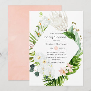 Convite Paraíso Tropical Floral Baby Shower Rosa Intenso