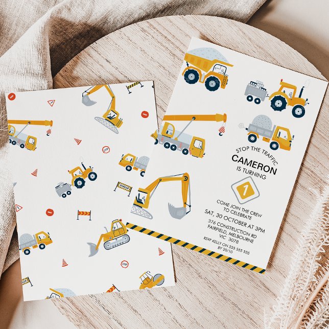 Convite Parar Moderno O primeiro aniversario De Construção (Modern stop the traffic, construction themed 1st birthday invitation in yellow, black and grey.)