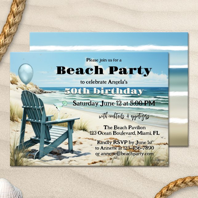 Convite Parceiro Adulto de Aniversário de Praia do Verão (Beach cocktail party invitation featuring a lounge chair in the dunes, overlooking the ocean)