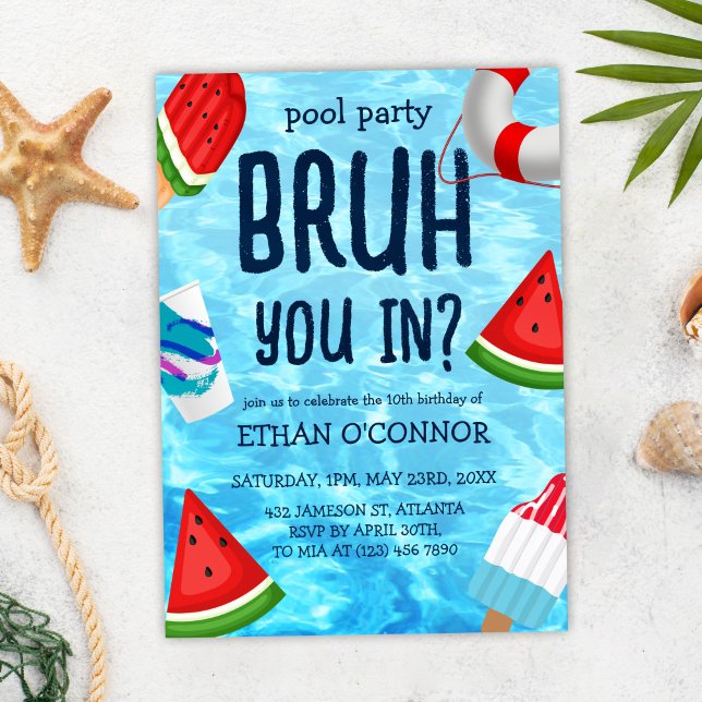Convite Parceiro Bruh de Piscina (Bruh Boy Pool Party Birthday Invitation)