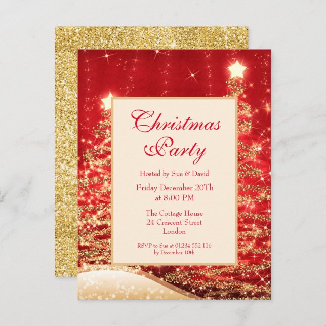 Convite Parceiro de Natal Árvores Espumantes Vermelhas com (Frente/Verso)