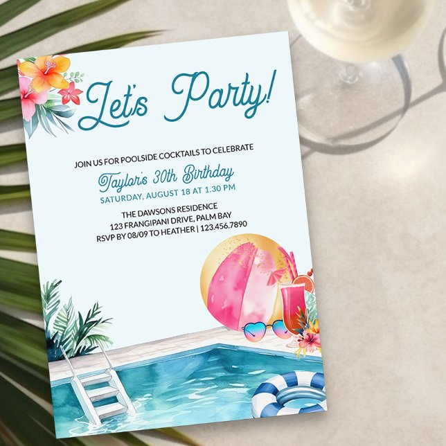 Convite Parceiro de piscina de Verão Cocktails Adulto Aniv (Pool Party Adult Birthday Invitation with tropical vibe and modern lettering)