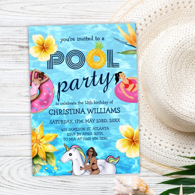 Convite Parceiro de Piscina moderna, Summer Girl, aniversá (Modern Pool Party Summer Girl Birthday Invitation)