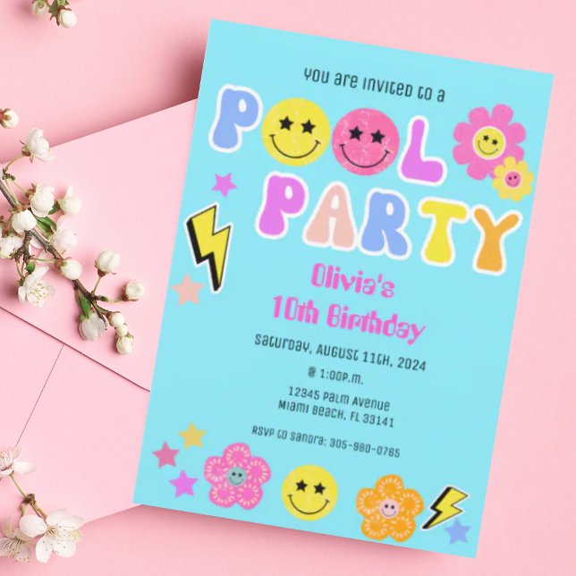 Convite Parceiro de Piscina Y2K Retro Preppy Feliz Anivers (Criador carregado)