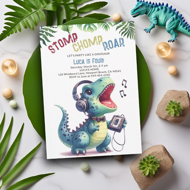 Convite Parceiro Dinossauro Canções Esomp Chomp Roar Boy A (Dinosaur boy birthday invitation dino stomp chomp roar pre historic jungle song dance party cute fun)