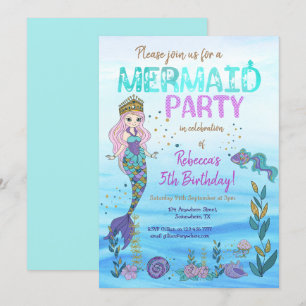 Convite Parceiro Sereia Roxo Teal Glitter Aniversário