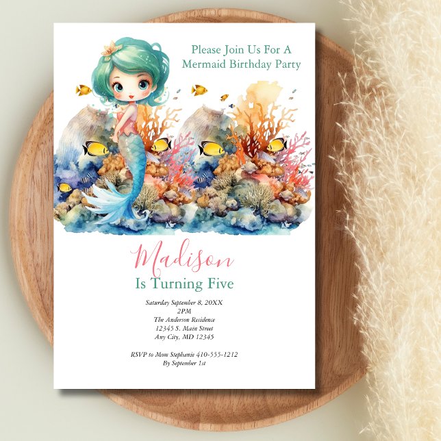Convite Parceiro Sereia Trendy Popular Meninas Aniversário (Mermaid Girls Birthday Invitation. Coral Sea life)