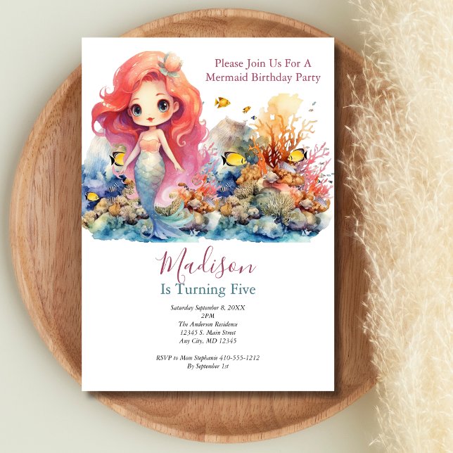 Convite Parceiro Sereia Trendy Popular Meninas Aniversário (Girls Mermaid Birthday Party invitation)