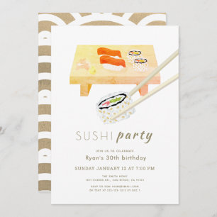 Convite Parceiro Sushi Moderno Branco e Dourado Aniversári