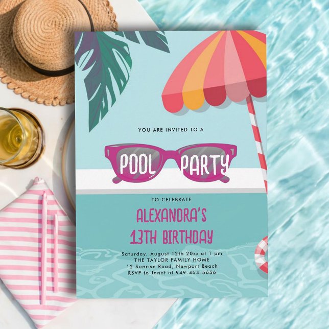 Convite Parceiro Tropical Moderno Folha de piscina (teen pool party invitations for girls tween thirteen pink sunglasses tropical leaf cute modern cool)