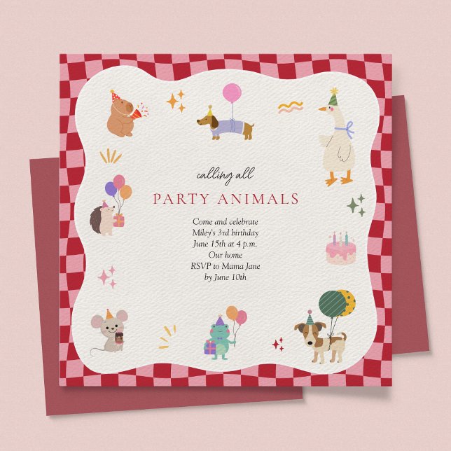 Convite Parceiros Retrorminimalistas Aniversário (Calling All Party Animals Birthday Invitation Retro Minimalist Zoo Animals Safari Jungle Cute)