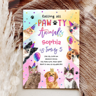 Convite Parente de gatos e cachorros Menina do Pawty