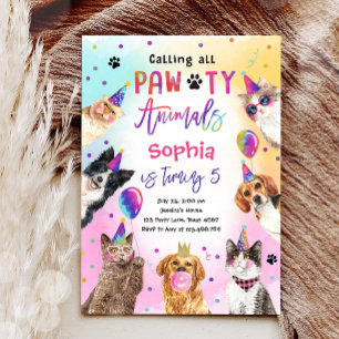 Convite Parente de gatos e cachorros Menina do Pawty