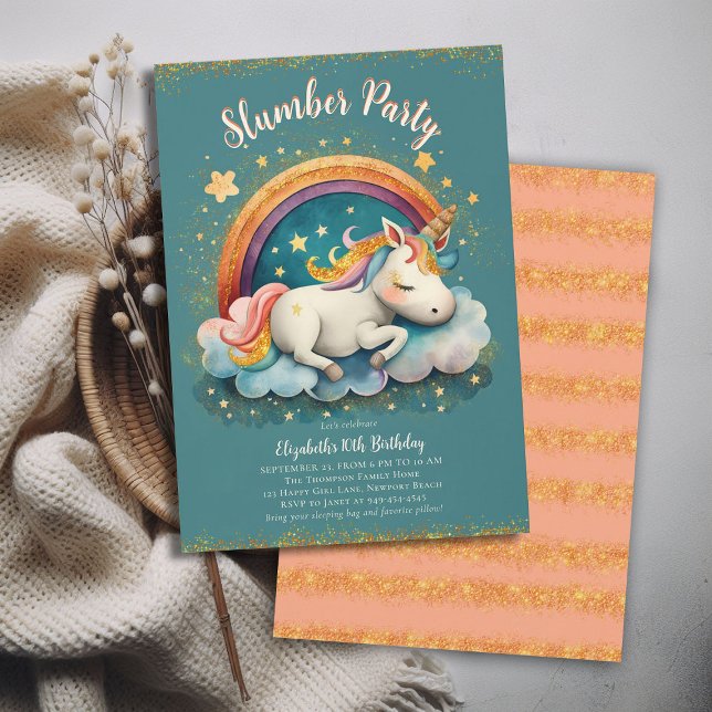Convite Parente do Unicórn Slumber Pajama Garota Teal Aniv (magical unicorn child girls slumber pajama pj sleepover party invitation teal pink orange glitter)